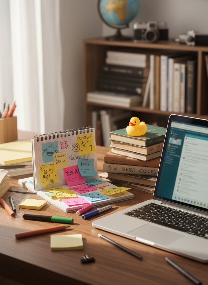 A playful still life of a cluttered wooden desk that looks like the brain of a curious writer made physical. In the center, an open spiral notebook bursts with colorful sticky notes, doodles of planets, pizza slices, and question marks, all crisply legible. Surrounding it are scattered pens, a slightly tilted laptop showing a blurred, glowing browser, and a tiny rubber duck perched on a stack of mismatched books. Soft afternoon window light falls from the left, casting gentle, whimsical shadows and warm highlights on the glossy laptop keys. Shot at eye level with a shallow depth of field, the notebook is in sharp focus while the background melts into a creamy bokeh of bookshelves and random trinkets. The photographic style is bright, clean, and modern, with a playful, energetic mood that suggests endless random ideas.