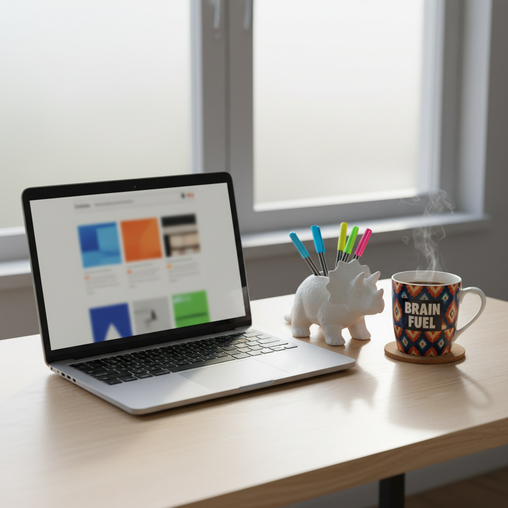 A tidy, modern workspace featuring a sleek silver laptop on a light birch desk, its screen displaying a blurred blog interface with colorful rectangles suggesting random article thumbnails. Next to it, a small ceramic dinosaur holds bright gel pens in its back, adding a humorous touch. A vibrant, patterned mug labeled “Brain Fuel” sits on a coaster, with faint steam rising. Soft, diffused morning light filters through a frosted window behind, creating gentle highlights along the laptop’s edges and faint reflections on the desk’s smooth surface. Photographic realism captures every texture, from the matte laptop casing to the glossy mug. Shot from a slightly elevated angle with balanced composition, the scene feels clean, inviting, and slightly mischievous, as if it’s ready for unexpected ideas to appear on the screen at any moment.