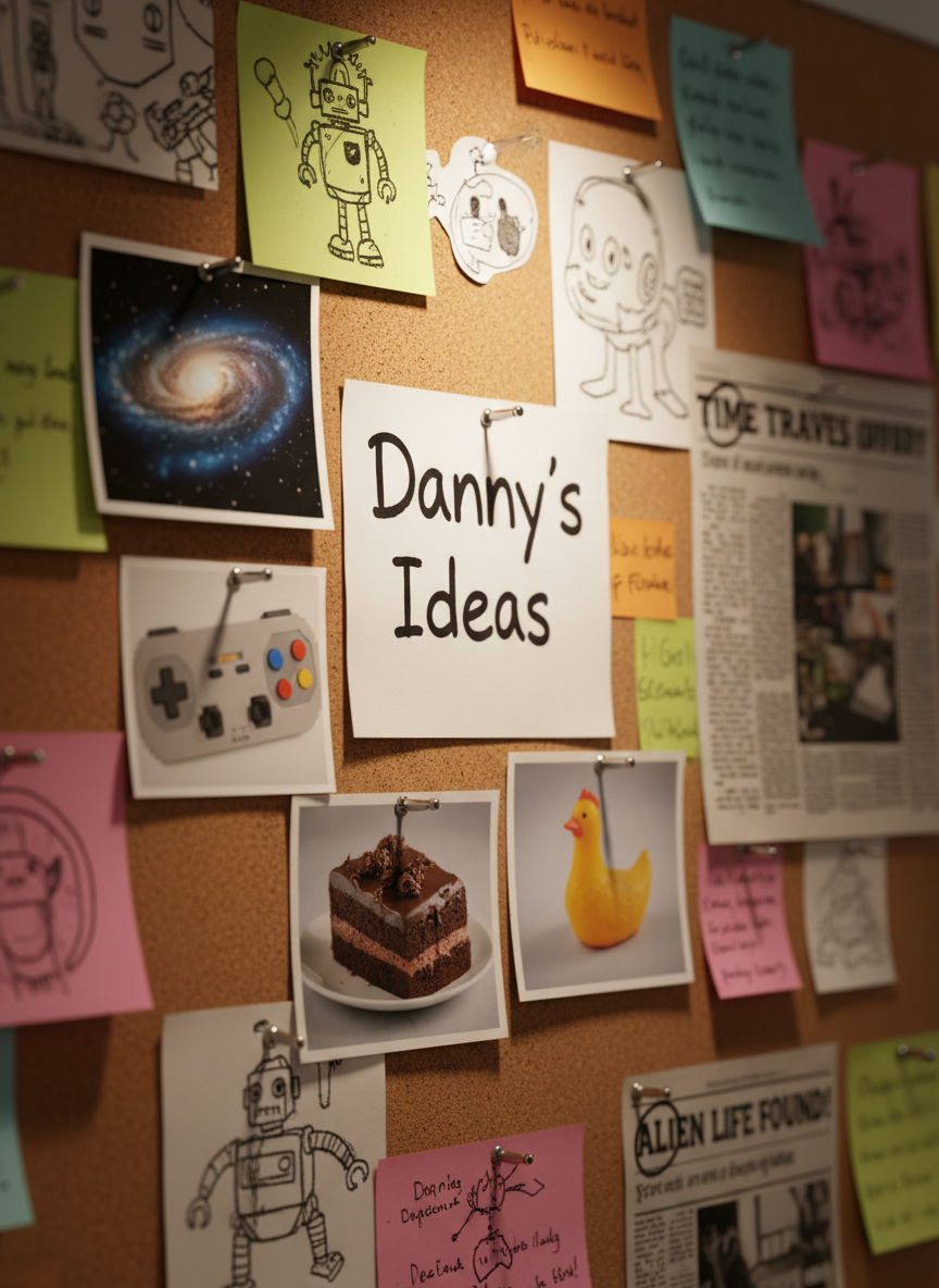 A polished corkboard wall filled with an eclectic collage of printed notes and quirky illustrations, each pinned at odd angles as if representing random article ideas. In the center, a large white index card reads “Danny’s Ideas” in bold marker, surrounded by photos of galaxies, a slice of cake, a retro game controller, and a rubber chicken, all vividly detailed. Warm, focused track lighting from above creates soft pools of light and gentle vignetting at the edges, highlighting the central card while keeping everything photographic and realistic. The camera is slightly angled from the right, using the rule of thirds so the title card sits off-center. A shallow depth of field keeps the middle of the board crisp while the outer edges blur, framing a playful, curious atmosphere that feels like a visual map of random thoughts.